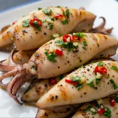 Calamari alla griglia succulenti, conditi con aglio, peperoncino e prezzemolo fresco, pronti per essere gustati.