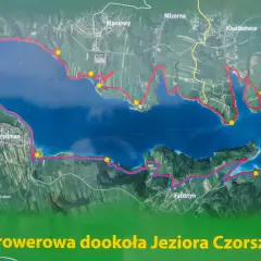 Mapa szlaków rowerowych wokół Jeziora Czorsztyńskiego, z zaznaczoną trasą Velo Dunajec i punktami obsługi rowerzystów. Idealna do planowania wycieczki velo Czorsztyn GPX.