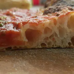 Fetta di pizza con pomodoro e erbe, la sua alveolatura mostra una perfetta pizza lievitazione 24 ore.