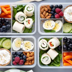 These bento boxes are healthy, packed with protein from eggs and almonds, fiber from fruits and veggies, and lean protein from wraps.