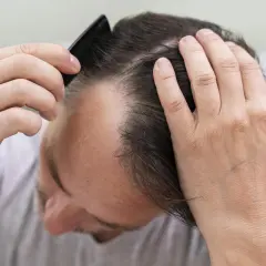 Hombre revisando su cabeza, preocupado por la caída de cabello.
