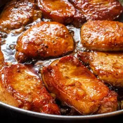 Filet mignon en train de dorer dans une poêle, leur marinade caramélisée créant une sauce appétissante.