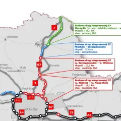 Mapa pokazuje budowę drogi ekspresowej S7 na kilku odcinkach, od Moczydła po Nową Hutę, z zaznaczonymi etapami prac.
