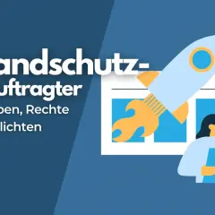 Brand- und Arbeitsschutz: Ein Sicherheitsfachkraft-Beauftragter mit Rakete und Dokumenten, der über Aufgaben, Rechte und Pflichten informiert.