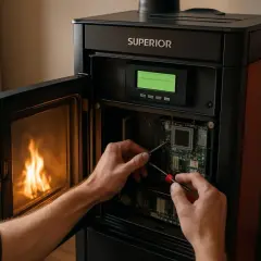 Mainteneur travaillant sur la carte mère d'un poêle à granulés, peut-être pour résoudre un code erreur poêle à granulés. Flammes visibles dans le foyer.