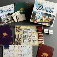 Brettspiel "Auf den Wegen von Darwin" mit Spielbrett, Karten, Büchern und Zubehör. Erkunde die Natur und entdecke die Evolution.