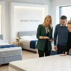 Doradczyni pokazuje parze materac, wyjaśniając, co to lateks i jego zalety. W tle łóżka i materace.