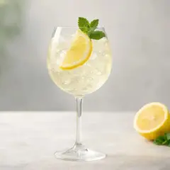 Orzeźwiający martini prosecco drink z plasterkiem cytryny i miętą, podany na kruszonym lodzie.