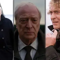 Triptyk med Michael Caine i olika roller. Från vänster: en äldre Caine i mörk rock, en närbild på hans ansikte, och en yngre Caine med ett gevär.