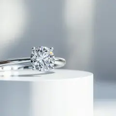 Elegancki pierścionek z brylantem o masie pięć karatów, lśniący w świetle.