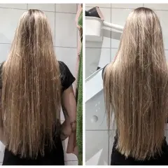 Długie, blond włosy przed i po zastosowaniu olejku na suche włosy. Włosy po zabiegu są gładsze i bardziej lśniące.