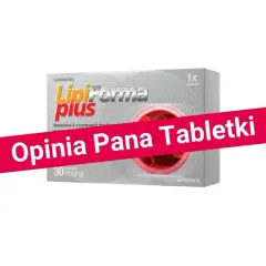 Opakowanie suplementu diety LipiForma Plus, zawierającego leki na cholesterol. Na opakowaniu widnieje napis "Opinia Pana Tabletki".