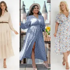 Eleganckie suknie na wesele plus size: beżowa, błękitna w grochy i kwiecista. Idealne na letnie uroczystości.