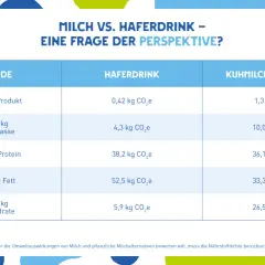 Vergleich von Milch und Haferdrink: CO₂-Fußabdruck pro kg Protein. Hafermilch hat 38,2 kg CO₂e, Kuhmilch 36,1 kg CO₂e.