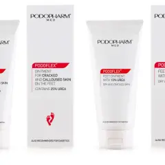 Cztery opakowania kremów Podopharm PODOFLEX z mocznikiem, idealne na suchą i popękaną skórę stóp, w tym cerkoderm.