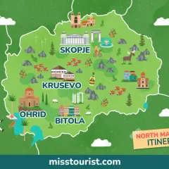 Mapa Macedonii Północnej z zaznaczonymi atrakcjami: Skopje, Ochryda, Bitola, Krusewo. Idealna inspiracja, co zobaczyć w Macedonii.
