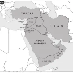Mapa Bliskiego Wschodu z zaznaczonymi krajami: Turcja, Syria, Irak, Iran, Jordania, Izrael, Liban, Arabia Saudyjska, Jemen, Oman, Z.E.A., Katar, Bahrajn.