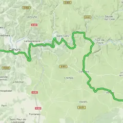 Carte du Lot avec un itinéraire vert sinueux, passant par Cahors et Martiel. Ce parcours de gr 36 étapes serpente à travers des paysages vallonnés.
