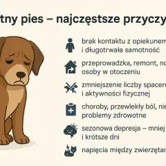 Smutny pies piszczy i jest niespokojny z powodu samotności, zmian w otoczeniu, braku ruchu, bólu lub depresji.