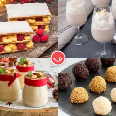Collage de postres navideños: milhojas con frambuesas, vasitos de crema, y trufas variadas.