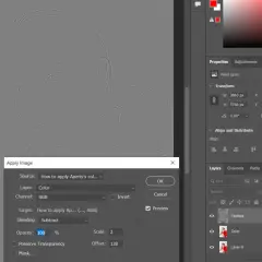 Okno "Apply Image" w Photoshopie, z ustawieniem "Subtract" do usuwania obiektu.