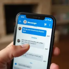 Palec dotyka ekranu telefonu, pokazując jak usunąć wiadomości z Messengera. Widoczna opcja "Delete" nad tekstem.