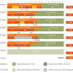 Übersicht der täglichen Arbeitszeiten und Pausen für LKW-Fahrer. Zeigt gesetzliche Vorgaben und Praxiswerte für die Schichtzeit LKW.