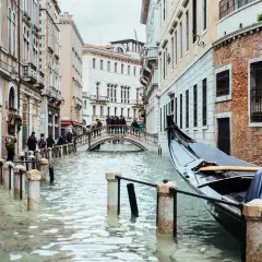 Venecia cuando se inunda: góndolas esperan en canales crecidos, peatones cruzan un puente sobre el agua que llega a las puertas de las tiendas.