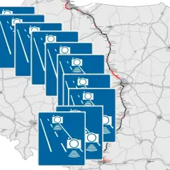 Mapa Polski z zaznaczoną trasą S7 i licznymi znakami informującymi o odcinkowym pomiarze prędkości.