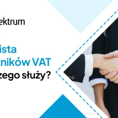 Logo "spektrum" i tekst "Biała lista podatników VAT – do czego służy?". Dwie osoby ściskają sobie dłonie.