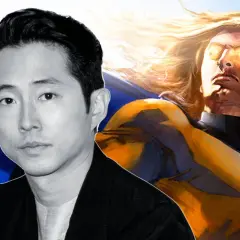 Steven Yeun, potentiel Sentry, pose devant une cape bleue et le héros aux yeux lumineux.