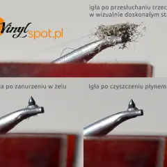 Jak czyścić igłę gramofonową: porównanie stanu igły po przesłuchaniu płyt, zanurzeniu w żelu i czyszczeniu płynem.