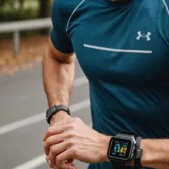 Intensywny trening, tętno 200. Mężczyzna w sportowej koszulce sprawdza wyniki na smartwatchu podczas biegu.