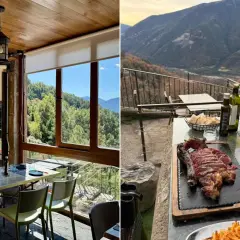 Comer en Huesca con vistas espectaculares. Un chuletón jugoso y patatas fritas esperan en una terraza montañosa.