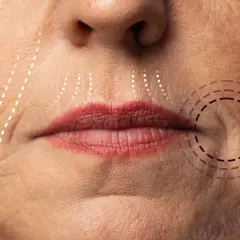 Primo piano del volto di una donna con linee tratteggiate che indicano le aree interessate da rughe naso labiali, suggerendo come eliminare le rughe naso labiali.