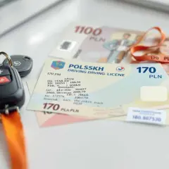Kluczyki do samochodu i polskie prawo jazdy na samochód leżą obok banknotów.