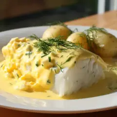 En saftig bit torsk med krämig citronsås och dill, serverad med små, kokta potatisar. En klassisk svensk rätt.