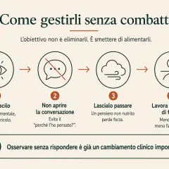 Gestire i pensieri intrusivi: 1. Riconosci, 2. Non aprire la conversazione, 3. Lascialo passare, 4. Lavora sull'ansia. Osservare senza rispondere è un cambiamento importante.