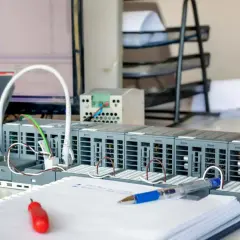 Moduły sterownika PLC, przewody i notatnik z długopisem. To serce systemu automatyki, gotowe do programowania.