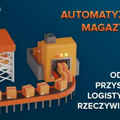 Ilustracja przedstawia zautomatyzowany system magazynowy z taśmociągami i paczkami.