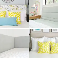 Four examples of DIY upholstered headboards: floral, paneled, corner, and tufted.