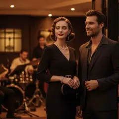 Elegancka para w strojach smart casual na tle zespołu jazzowego.