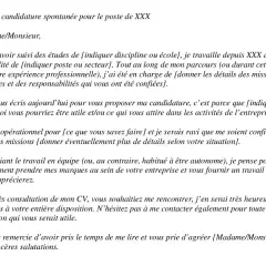 Exemple de structure lettre de motivation : un modèle de lettre de candidature spontanée avec des champs à personnaliser pour une offre d'emploi.