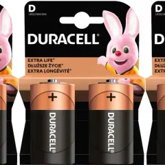 Trzy opakowania baterii Duracell typu D z różowym królikiem. Baterie r20 zapewniają dłuższe życie.