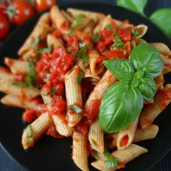 Penne rigate z sosem pomidorowym i świeżą bazylią, ozdobione listkami bazylii.