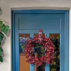Corona navideña roja con luces y piñas colgada en una puerta azul.