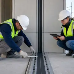 Operai misurano un giunto sismico in cantiere. Uno usa un metro, l'altra un tablet per registrare i dati.