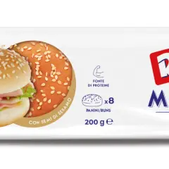 Opakowanie bułek do mini burgerów Roberto z sezamem, z widocznymi dwoma przykładowymi bułeczkami.