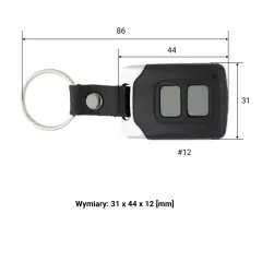 Kompaktowy pilot Somfy io z dwoma szarymi przyciskami, na breloczku. Wymiary: 31x44x12 mm.