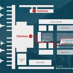 Schemat lotniska Berlin Brandenburg pokazuje dwa terminale (T1, T2) i parkingi. Ile jest lotnisk w Berlinie? Tylko jedno, ale z wieloma parkingami!